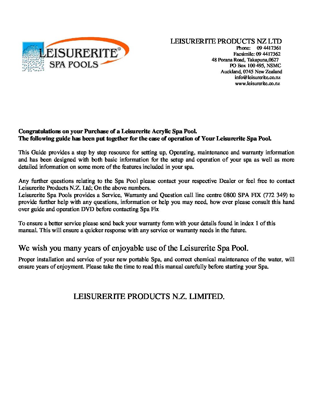 Leisurerite Instructions (Pre 09)